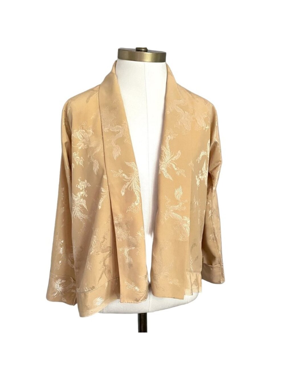 Vintage Warm Beige Silky Brocade Open Kimono Robe Jacket - Small - Picture 2 of 9